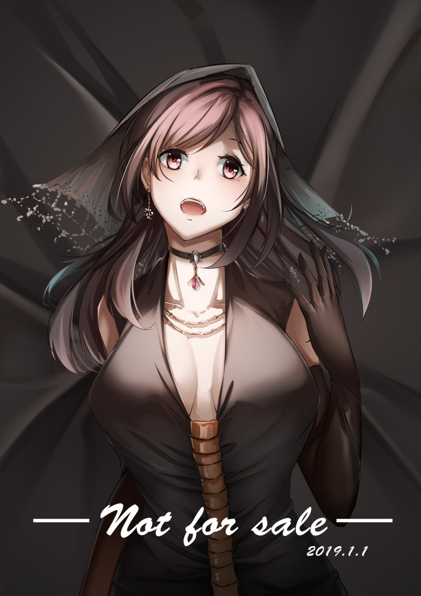 1girl absurdres black_choker black_dress black_gloves black_veil breasts brown_eyes brown_hair choker dated dress earrings elbow_gloves eyebrows_visible_through_hair gloves hand_up highres idolmaster idolmaster_shiny_colors jewelry large_breasts long_hair looking_at_viewer lubikaya1 necklace open_mouth simple_background solo tsukioka_kogane veil