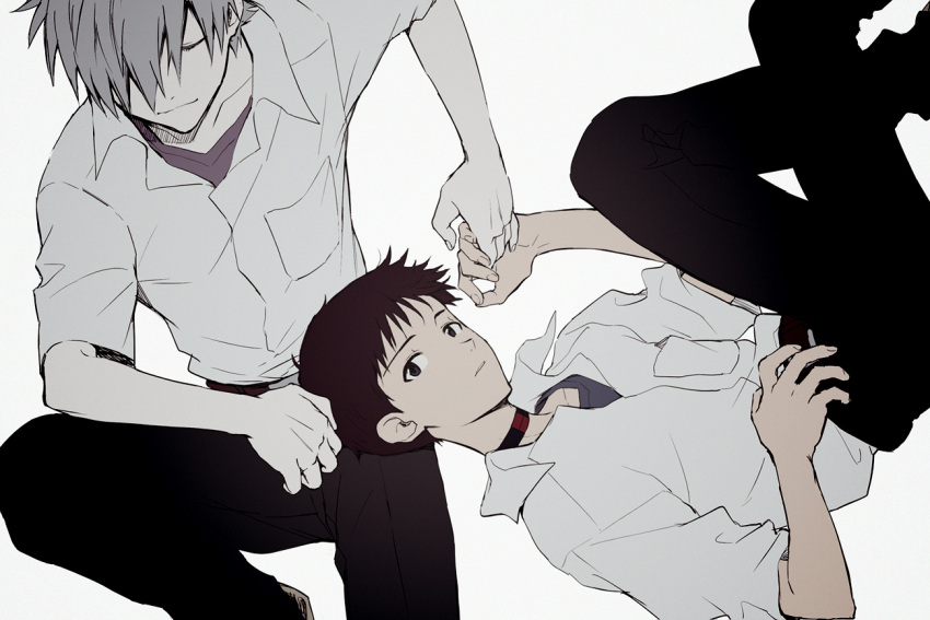 11kkr 2boys belt black_pants blue_eyes breast_pocket brown_hair closed_eyes closed_mouth collarbone collared_shirt evangelion:_3.0_you_can_(not)_redo expressionless facing_viewer feet_out_of_frame feet_up fingernails grey_background grey_hair hair_over_one_eye holding_hands ikari_shinji implied_yaoi knee_up light_smile looking_at_viewer loose_clothes loose_shirt male_focus multiple_boys muted_color nagisa_kaworu neon_genesis_evangelion pants parted_lips pocket rebuild_of_evangelion rotational_symmetry school_uniform shirt simple_background undershirt uniform white_shirt