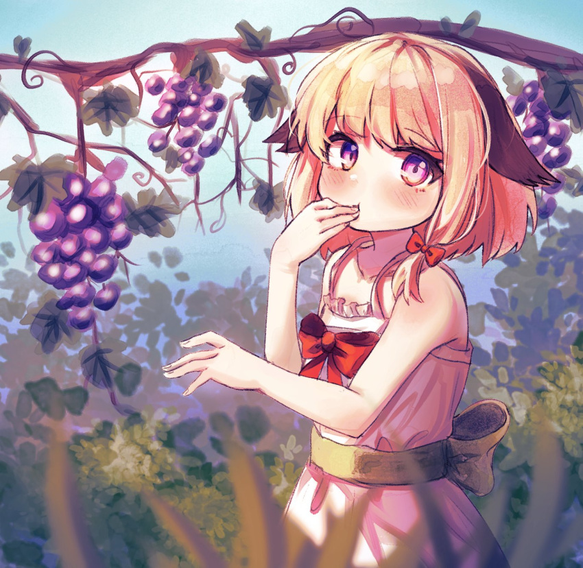 1girl animal_ears blonde_hair blush bow dog_ears dress eating food fruit grapes hair_bow hand_to_own_mouth highres kosobin looking_at_viewer original outdoors pink_dress pink_eyes ribbon short_hair solo sundress tree upper_body