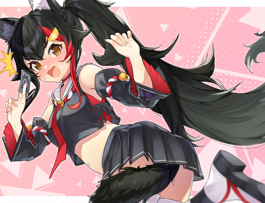 1girl :3 animal_ear_fluff animal_ears bangs bell black_hair blush bow breasts card detached_sleeves eyebrows_visible_through_hair fangs flipped_hair floral_print hair_between_eyes hair_ornament highres holding holding_card hololive jingle_bell kouhaku_nawa long_hair looking_at_viewer midriff multicolored_hair narita_tamezou navel neckerchief ookami_mio open_mouth pleated_skirt redhead sailor_collar sailor_shirt shirt skirt sleeveless solo streaked_hair surprised tabi tail tail_wrap thigh-highs very_long_hair virtual_youtuber wolf_ears wolf_girl wolf_tail yellow_eyes