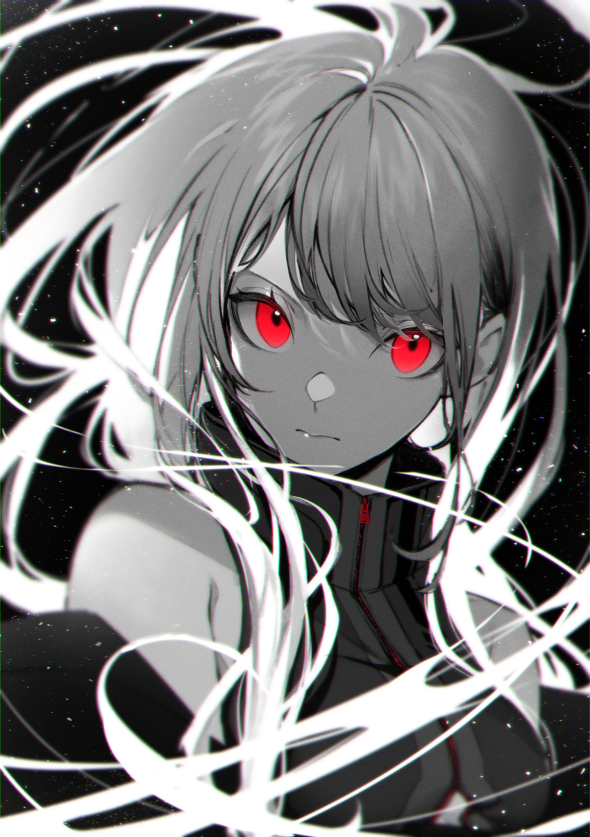 1girl absurdres bangs black_background greyscale high_collar highres kuwashima_rein long_hair looking_at_viewer monochrome original red_eyes sleeveless solo spot_color zipper zipper_pull_tab