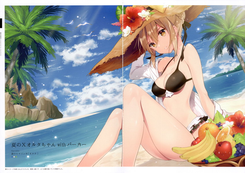 1girl absurdres artoria_pendragon_(all) beach bikini black_bikini day fate/grand_order fate_(series) food fruit hat highres huge_filesize mysterious_heroine_x_(alter)_(fate) necomi ocean outdoors scan simple_background sitting solo swimsuit water