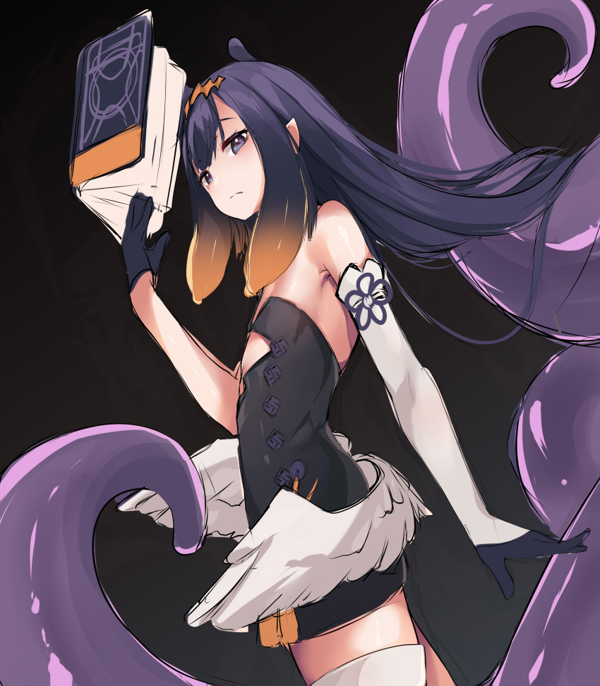1girl absurdres asymmetrical_gloves bangs black_dress blunt_bangs book dress elbow_gloves flat_chest gloves highres hololive hololive_english kana616 long_hair looking_at_viewer low_wings ninomae_ina'nis open_book profile purple_hair sidelocks single_elbow_glove single_thighhigh sketch solo tentacle_hair tentacles thigh-highs violet_eyes virtual_youtuber wings