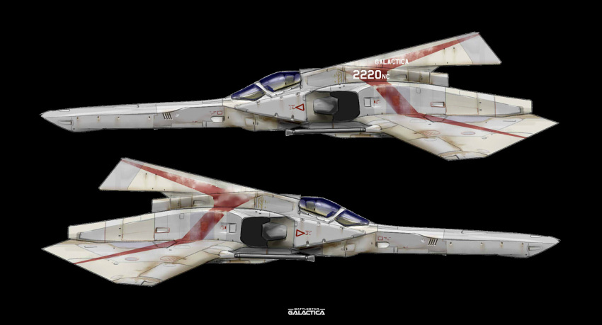 asterozoa battlestar_galactica black_background copyright_name english_commentary from_side highres logo multiple_views no_humans redesign science_fiction space_craft starfighter vehicle_focus viper_(spacecraft)