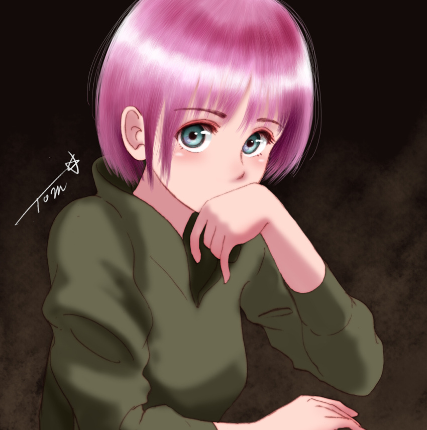 1girl black_background blush chutohampa covering_mouth green_shirt grey_eyes looking_at_viewer original purple_hair shirt short_hair signature simple_background solo upper_body
