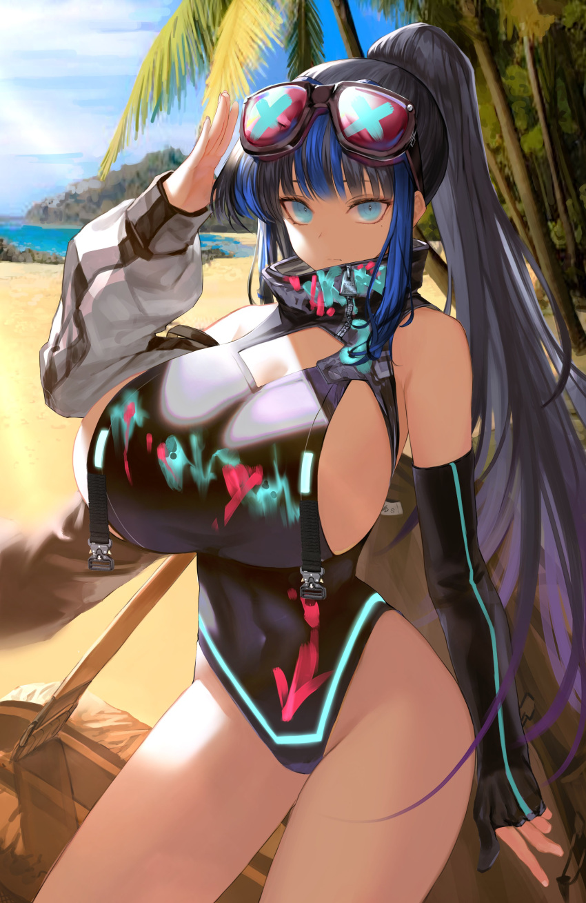 1girl absurdres bare_shoulders beach black_hair blue_eyes blue_hair blue_sky breasts character_request copyright_request covered_navel detached_sleeves elbow_gloves eyewear_on_head fern gloves high_collar high_ponytail highres huge_breasts kanashi_kumo multicolored_hair one-piece_swimsuit outdoors partially_fingerless_gloves salute sand single_glove sky strap streaked_hair swimsuit thighs water