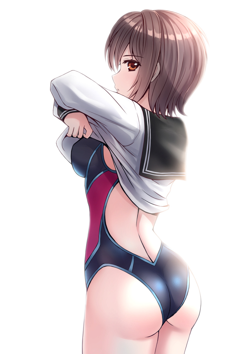 1girl absurdres ass black_sailor_collar blue_swimsuit breasts brown_eyes brown_hair competition_swimsuit highleg highleg_swimsuit highres long_sleeves multicolored multicolored_clothes multicolored_swimsuit one-piece_swimsuit original purple_swimsuit sailor_collar sawwei005 school_uniform serafuku shirt short_hair small_breasts solo swimsuit swimsuit_under_clothes white_shirt