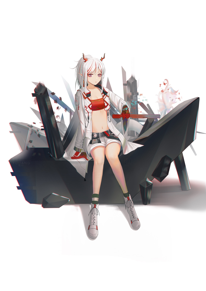 1girl absurdres arknights bandeau bangs bare_legs belt black_belt chinese_commentary commentary_request grey_footwear highres horns jacket long_hair long_sleeves midriff multicolored_hair navel nian_(arknights) open_clothes open_jacket partial_commentary pointy_ears redhead shoes short_shorts shorts silver_hair simple_background sitting solo stomach strapless streaked_hair tubetop violet_eyes white_background white_jacket white_shorts yuxing_yuhang