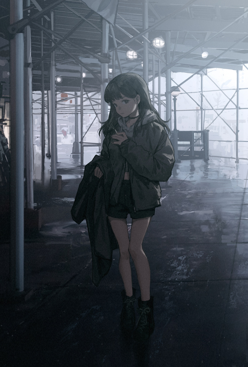 1girl black_footwear black_hair black_shorts boots brown_eyes brown_jacket building cigarette closed_mouth earrings expressionless highres holding holding_cigarette holding_clothes holding_jacket jacket jewelry long_hair long_sleeves looking_at_viewer nail_polish original scaffolding scenery shorts solo standing wang-xi