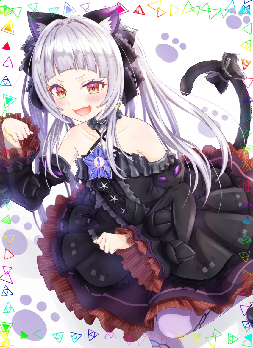 1girl animal_ear_fluff animal_ears bangs bare_shoulders black_bow black_dress bow brown_eyes cat_ears cat_girl cat_paws cat_tail choker collarbone commentary_request criss-cross_halter detached_sleeves dress frilled_choker frilled_dress frills halterneck highres hololive murasaki_shion open_mouth paws shihaku_rare silver_hair solo tail tail_ornament virtual_youtuber
