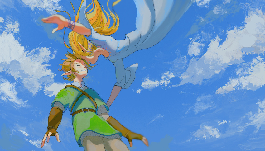 1boy 1girl absurdres bigskycastle blonde_hair blue_sky brown_hair chainmail dress earrings english_commentary falling forehead-to-forehead green_tunic hair_tubes highres jewelry link long_dress long_hair outstretched_arms pointy_ears princess_zelda short_hair sidelocks sky smile the_legend_of_zelda the_legend_of_zelda:_skyward_sword white_dress
