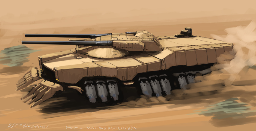 absurdres artist_name commission desert dust ground_vehicle highres hozumi_(ouchan) military military_vehicle motion_blur motor_vehicle no_humans original sand science_fiction skeb_commission solo tank tank_turret vehicle_focus