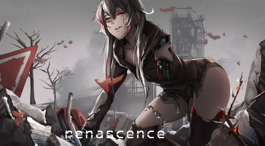 1girl black_hair black_jacket black_legwear blood blood_on_face collarbone damaged eyebrows_visible_through_hair girls_frontline grey_sky hand_on_floor highres jacket long_hair looking_away lubikaya1 m4_sopmod_ii_(girls_frontline) mechanical_arms mechanical_parts multicolored_hair one_eye_closed open_mouth single_mechanical_arm sitting solo thigh-highs yellow_eyes