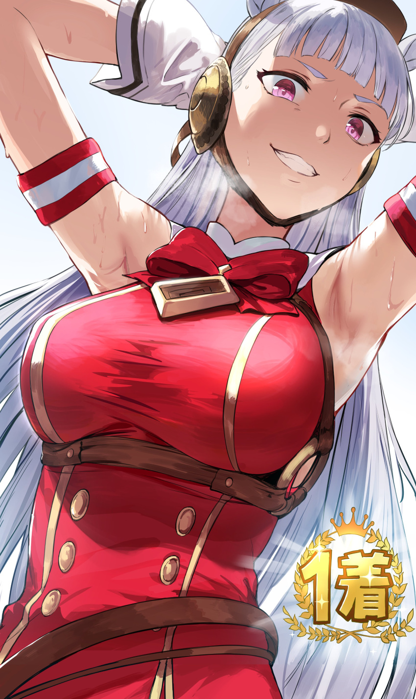 1girl absurdres animal_ears arm_strap armpits arms_behind_head arms_up backlighting bangs belt blunt_bangs breasts buttons dress gloves gold_ship grin hat hews highres horse_ears horse_girl large_breasts long_hair looking_at_viewer red_dress smile sweat umamusume violet_eyes white_gloves white_hair