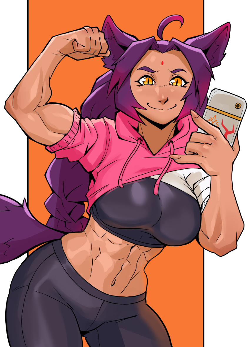 1girl \m/ abs absurdres ahoge animal_ear_fluff animal_ears biceps bindi black_sports_bra braid breasts cat_ears cat_tail cee-haz cellphone clenched_hand commission cropped_hoodie dark_skin dark-skinned_female edie_crop_hoodie fingernails flexing highres holding holding_phone hood hood_down hoodie iori_(ryushiko) large_breasts long_braid long_hair meme_attire multicolored multicolored_clothes muscular muscular_female original pants phone pose purple_hair second-party_source selfie sharp_fingernails single_braid sleeves_rolled_up slit_pupils smile solo sports_bra tail taking_picture yoga_pants