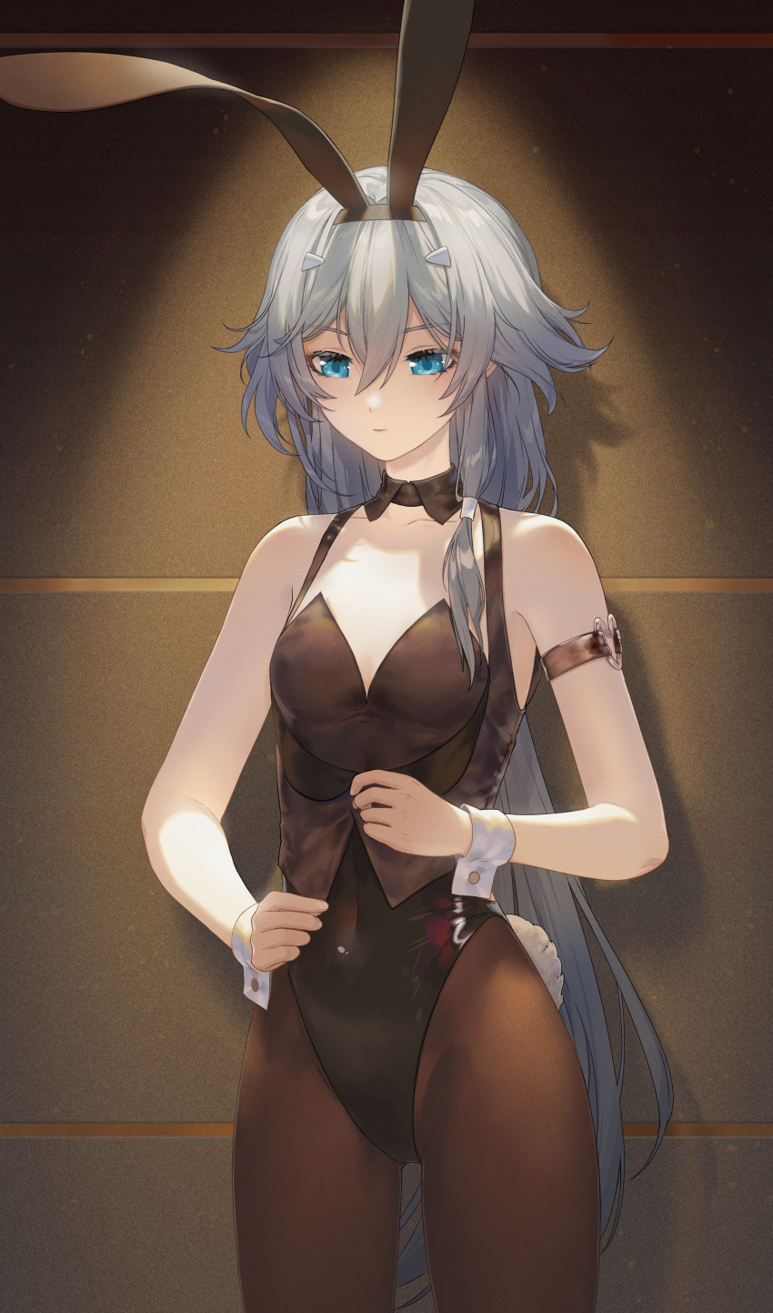 1girl absurdres animal_ears arm_strap bare_arms bare_shoulders black_leotard blue_eyes brown_legwear bunny_tail collarbone covered_navel cowboy_shot crop_top detached_collar fake_animal_ears fu_hua grey_hair hair_ornament hairband highleg highleg_leotard highres honkai_(series) honkai_impact_3rd leotard long_hair low_ponytail pantyhose playboy_bunny rabbit_ears rafaelaaa solo standing strapless strapless_leotard tail underbust very_long_hair wrist_cuffs