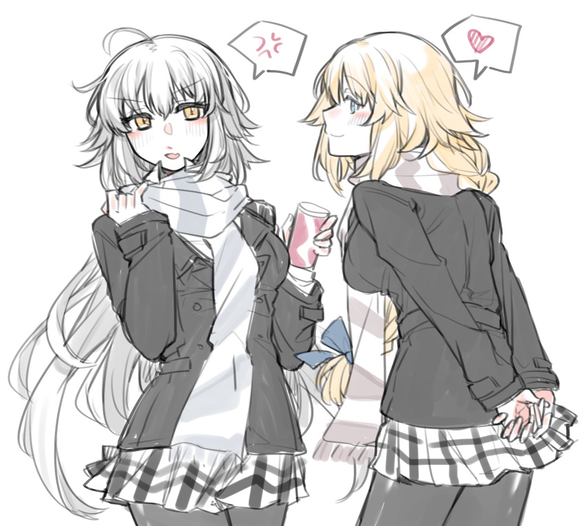 2girls ahoge alternate_costume anger_vein arms_behind_back artist_request black_jacket black_legwear blonde_hair blue_bow blush bow braid breasts casual closed_mouth commentary cup eyebrows_visible_through_hair fate/grand_order fate_(series) hair_between_eyes hair_bow heart highres holding holding_cup jacket jeanne_d'arc_(alter)_(fate) jeanne_d'arc_(fate) jeanne_d'arc_(fate)_(all) long_hair looking_at_another miniskirt multiple_girls open_mouth pantyhose parted_lips pocket scarf shirt simple_background skirt smile speech_bubble very_long_hair white_background white_hair white_shirt winter_clothes