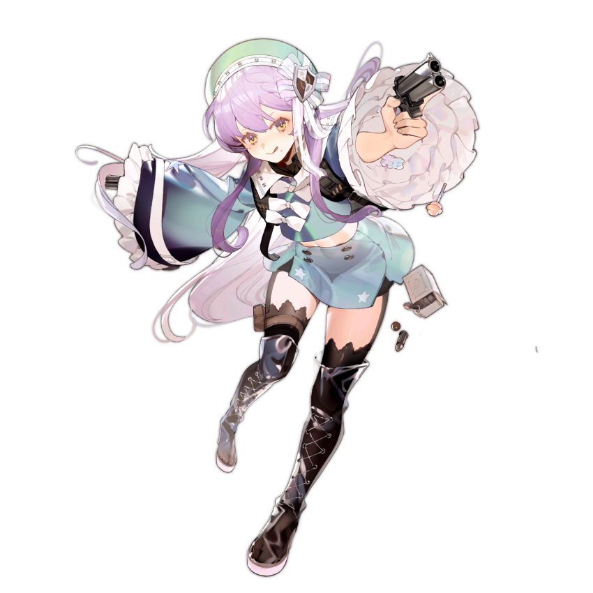 1girl alternate_costume aqua_headwear artist_request black_footwear black_legwear blush boots candy cartridge closed_mouth derringer derringer_(girls_frontline) eyebrows_visible_through_hair floor food girls_frontline gun hair_ornament hair_ribbon handgun highres holding holding_gun holding_weapon knee_boots lollipop long_hair looking_at_viewer navel official_art purple_hair ribbon solo standing tears thigh-highs tongue tongue_out transparent_background weapon yellow_eyes