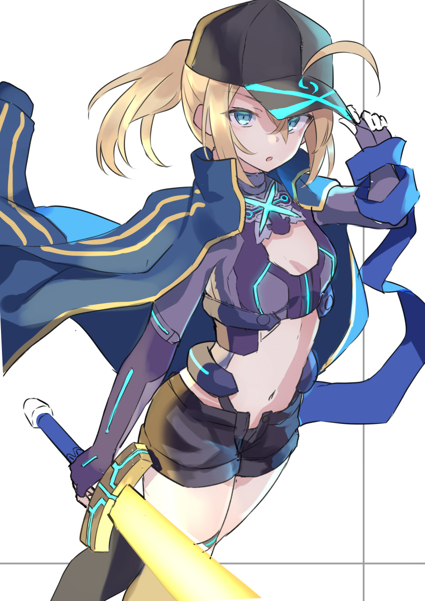 100 1girl absurdres ahoge artoria_pendragon_(all) bangs baseball_cap black_headwear black_legwear black_shorts blonde_hair blue_eyes blue_jacket blue_scarf breasts fate/grand_order fate_(series) hair_between_eyes hair_through_headwear hat highres himitsucalibur_(fate) holding holding_sword holding_weapon jacket long_hair long_sleeves looking_at_viewer medium_breasts mysterious_heroine_x_(fate) navel open_mouth open_track_jacket ponytail rojiura_satsuki:_chapter_heroine_sanctuary scarf shorts sidelocks solo sword thigh-highs thighs track_jacket weapon