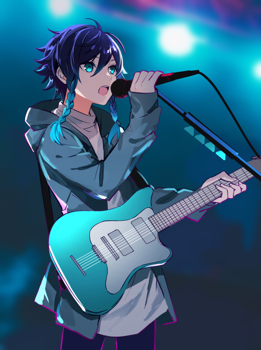 1boy alternate_costume androgynous bangs black_hair blue_hair blurry blurry_background braid genshin_impact gradient_hair green_eyes guitar highres holding holding_instrument holding_microphone hood hood_down instrument jacket long_sleeves male_focus microphone microphone_cord microphone_stand multicolored_hair open_mouth rome_romedo shirt short_hair_with_long_locks solo twin_braids venti_(genshin_impact) white_shirt