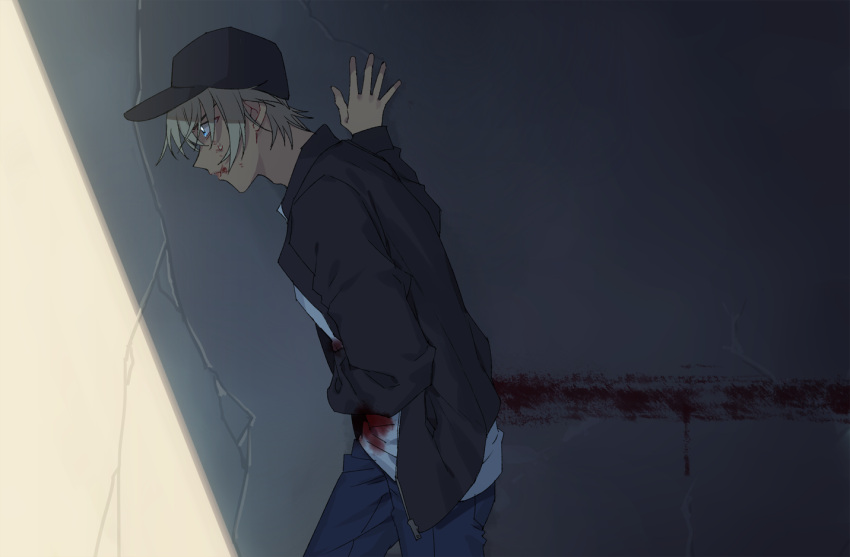 1boy amuro_tooru bangs baseball_cap black_headwear black_jacket bleeding blonde_hair blood blood_on_face blood_splatter bloody_clothes bloody_hands blue_eyes blue_pants casual closed_mouth commentary_request hair_between_eyes hand_on_wall hat jacket k_(gear_labo) long_sleeves looking_to_the_side male_focus meitantei_conan open_clothes open_jacket pants shadow shirt short_hair smile solo standing sweat wall white_shirt zipper_pull_tab