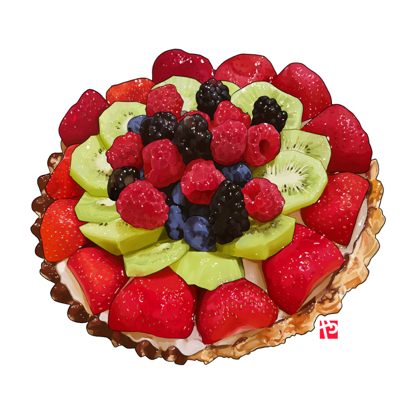 blueberry cake cream dessert food food_focus fruit kiwi_slice kiwifruit no_humans original pastry raspberry realistic simple_background still_life strawberry studiolg tart_(food) white_background