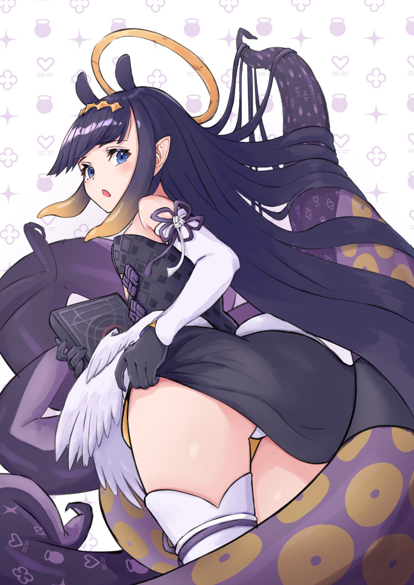 1girl absurdres animal_ears ao-chan_(ninomae_ina'nis) ass black_dress black_gloves blue_eyes blush book breasts commentary cowboy_shot detached_sleeves dress english_commentary extra_ears feathered_wings flower_knot from_behind gloves gradient_hair grey_background halo highres holding holding_book hololive hololive_english kame_tousagi long_hair looking_at_viewer looking_back mole mole_under_eye multicolored_hair ninomae_ina'nis off-shoulder_dress off_shoulder open_mouth orange_hair panties pantyshot patterned_background pointy_ears purple_hair single_thighhigh small_breasts solo straight_hair taut_clothes taut_dress tentacle_hair tentacles thigh-highs thigh_gap thighs tiara two-tone_hair underwear very_long_hair virtual_youtuber white_background white_legwear white_panties wings