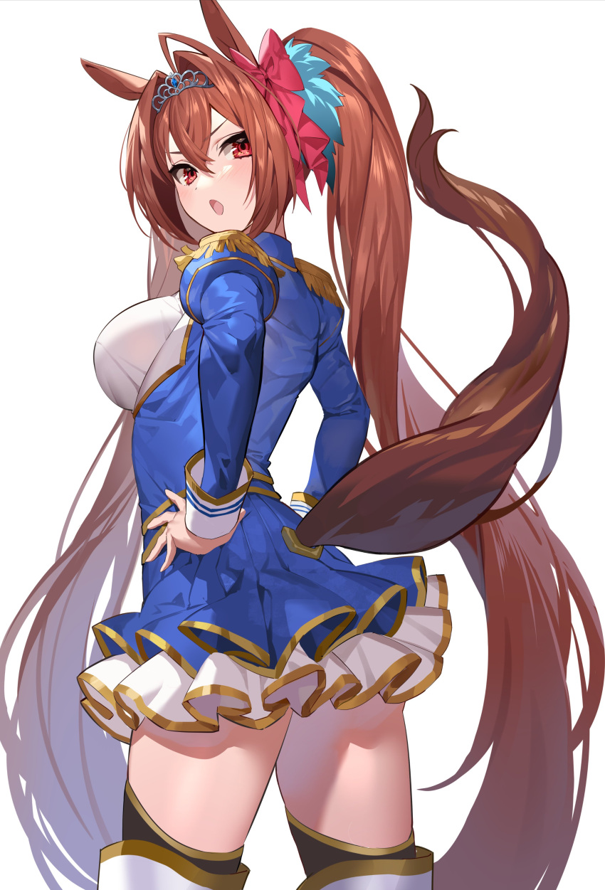 1girl :o absurdres ahoge animal_ears bangs black_legwear blue_jacket blue_skirt blush boots bow breasts brown_hair clothing_cutout daiwa_scarlet epaulettes from_behind hair_bow hair_intakes hands_on_hips highres horse_ears horse_girl horse_tail jacket large_breasts layered_skirt long_hair long_sleeves looking_at_viewer looking_back open_clothes open_jacket open_mouth pink_bow ponytail red_eyes simple_background skirt solo tail tail_cutout teffish thigh-highs thigh_boots thighhighs_under_boots tiara umamusume v-shaped_eyebrows very_long_hair white_background white_footwear zettai_ryouiki