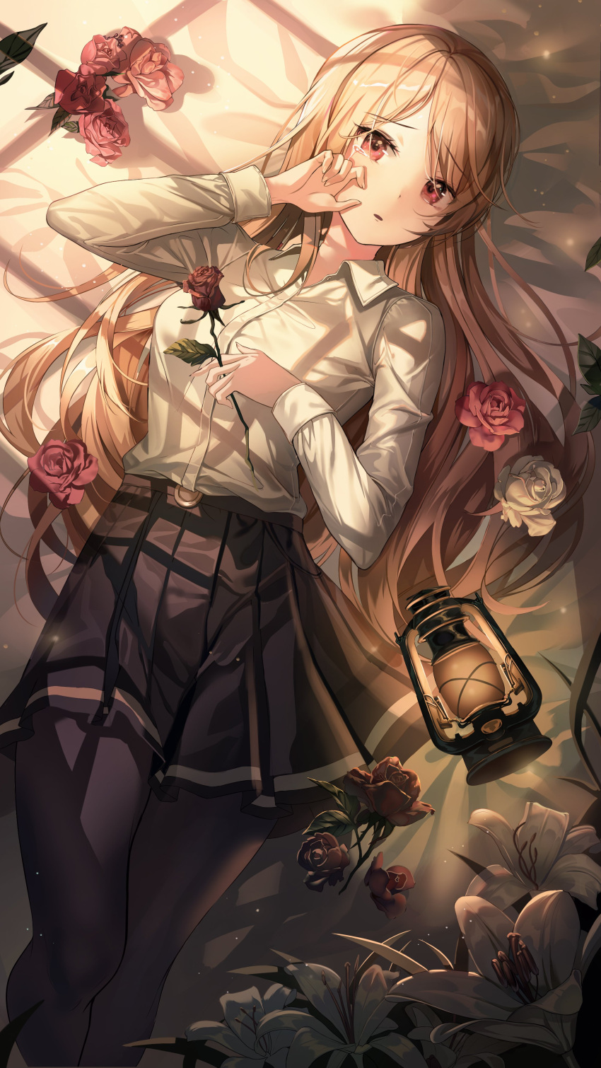 1girl :o absurdres bed black_legwear blonde_hair blue_skirt blush collared_shirt dress_shirt flower hand_on_own_face harusame_(user_wawj5773) highres holding holding_flower indoors lamp lily_(flower) long_hair long_sleeves looking_at_viewer lying on_back open_mouth original pantyhose parted_lips pleated_skirt red_eyes rose shirt skirt solo white_shirt