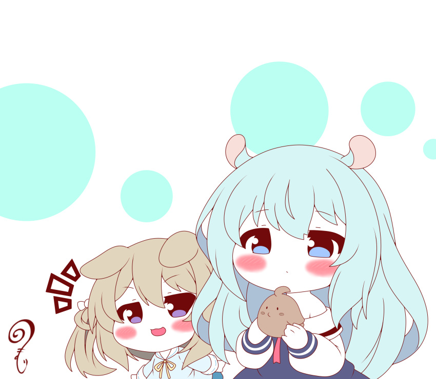 2girls :d absurdres animal_ears azur_lane bangs blue_dress blue_eyes blue_hair blue_shirt blush brown_hair chibi closed_mouth dog_ears dress eyebrows_visible_through_hair hair_between_eyes hair_rings highres holding kindergarten_uniform kurukurumagical long_hair long_sleeves mikazuki_(azur_lane) multiple_girls nagatsuki_(azur_lane) neck_ribbon notice_lines off_shoulder open_mouth puffy_long_sleeves puffy_sleeves ribbon ribbon-trimmed_sleeves ribbon_trim sailor_collar shirt sleeves_past_wrists smile upper_body v-shaped_eyebrows very_long_hair violet_eyes white_background white_sailor_collar white_shirt yellow_ribbon