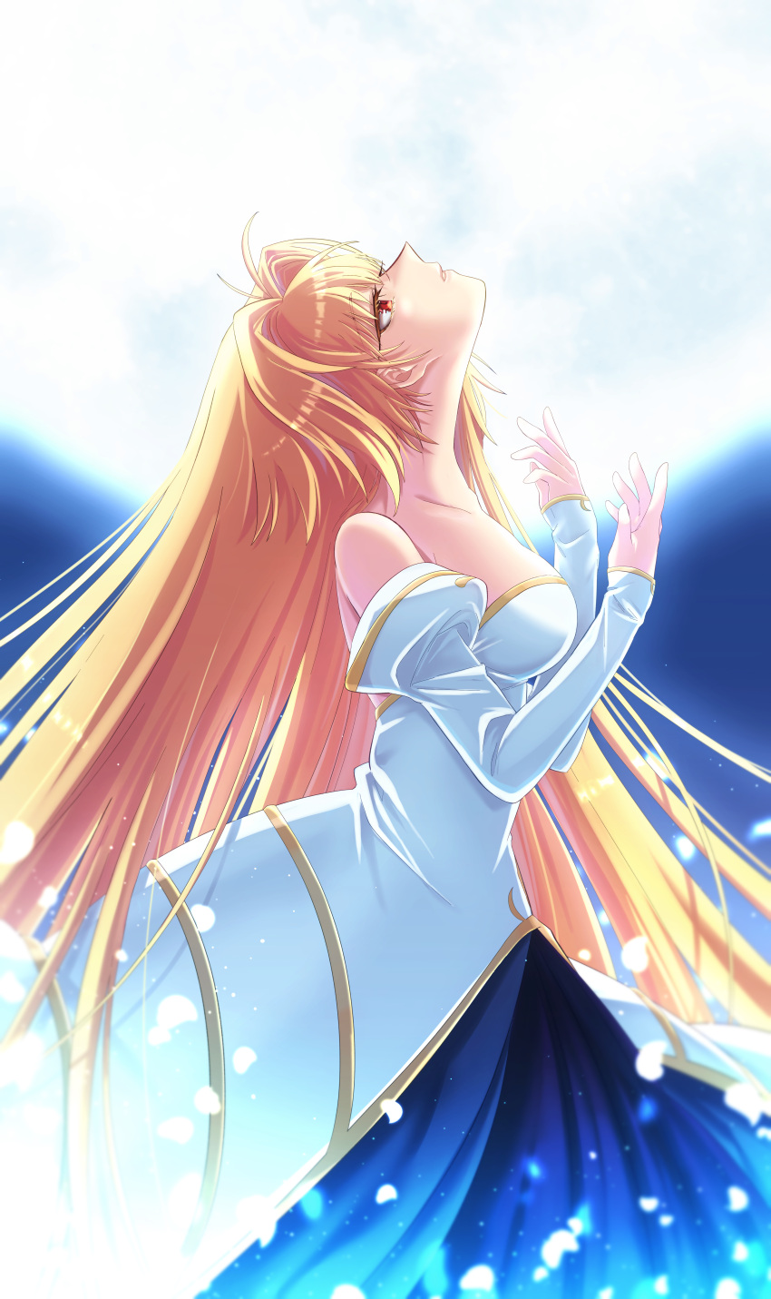 1girl absurdres ahoge archetype_earth arcueid_brunestud blonde_hair breasts dress from_side full_moon hair_intakes highres huge_filesize kanikanidosanko large_breasts long_hair long_sleeves looking_up moon red_eyes solo strapless strapless_dress tsukihime type-moon very_long_hair