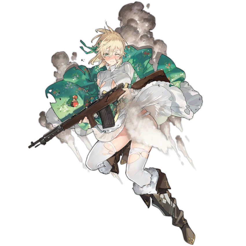 1girl assault_rifle blonde_hair blush boots breasts brown_footwear closed_mouth dress eyebrows_visible_through_hair fedorov_(girls_frontline) fedorov_avtomat floor girls_frontline green_eyes green_ribbon gun hair_between_eyes hair_ribbon highres holding holding_weapon knee_boots looking_at_viewer medium_breasts medium_hair official_art one_eye_closed panties ribbon rifle shirt solo standing standing_on_one_leg starshadowmagician tears thigh-highs torn_clothes torn_dress torn_legwear torn_shirt traditional_dress transparent_background underwear weapon white_legwear white_panties white_shirt