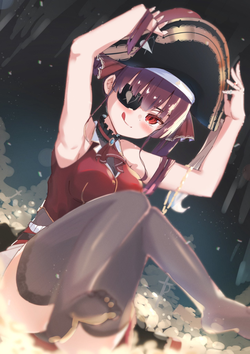 1girl armpits arms_up arrow_through_heart ascot bicorne black_headwear black_legwear black_panties blurry blush bodystocking breasts brooch closed_mouth collar commentary cropped_jacket depth_of_field eyepatch frilled_collar frills full_body gold_coin hair_ribbon hat highres hololive houshou_marine jacket jewelry knees_together_feet_apart licking_lips looking_at_viewer medium_breasts medium_hair miniskirt one_eye_covered panties pirate_hat popup red_eyes red_jacket red_neckwear red_ribbon red_skirt redhead ribbon ring sitting skirt sleeveless sleeveless_jacket smile solo sword thigh-highs thighs tongue tongue_out treasure twintails underwear virtual_youtuber weapon