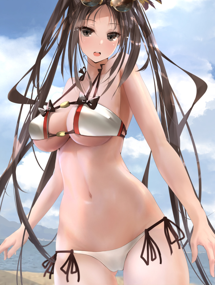 1girl ass_visible_through_thighs aviator_sunglasses bikini blue_sky blush breasts brown_eyes brown_hair clouds egami eyewear_on_head fate/grand_order fate_(series) groin highres long_hair looking_at_viewer medium_breasts navel ocean open_mouth round_teeth sand side-tie_bikini sky solo sunglasses swimsuit swimwear teeth type-moon very_long_hair water yu_mei-ren_(fate) yu_mei-ren_(swimsuit_lancer)_(fate)