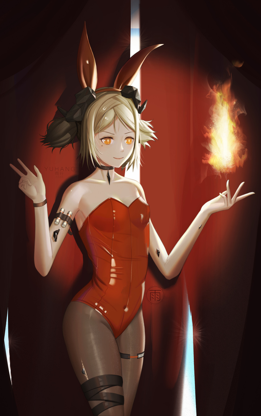 1girl absurdres alternate_costume animal_ears arknights bare_arms bare_shoulders breasts chinese_commentary commentary_request cowboy_shot fake_animal_ears fire grey_legwear hands_up highres horns ifrit_(arknights) leotard mole mole_under_eye orange_eyes originium_arts_(arknights) oripathy_lesion_(arknights) pantyhose playboy_bunny pyrokinesis rabbit_ears red_leotard ribbon short_hair silver_hair small_breasts smile solo standing strapless strapless_leotard thigh_ribbon thighs w yuxing_yuhang