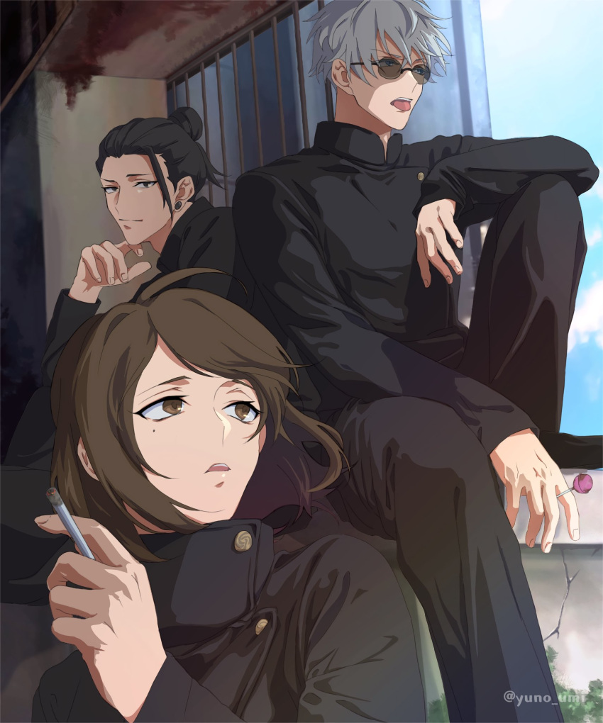 1girl 2boys bangs black_eyes black_hair black_jacket black_pants brown_eyes brown_hair candy cigarette closed_mouth food foot_out_of_frame gakuran getou_suguru gojou_satoru hair_bun hair_pulled_back hand_up high_collar highres holding ieiri_shoko indoors jacket jujutsu_kaisen knee_up lollipop long_sleeves looking_at_viewer looking_away mole mole_under_eye multiple_boys open_mouth pants round_eyewear school_uniform short_hair sitting sunglasses tongue tongue_out tsurime twitter_username upper_body washiko_(rasuko) white_hair