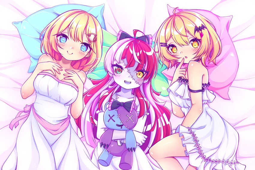 3girls ahoge aya_chan1221 bat_hair_ornament black_bow blonde_hair blue_eyes bow dress frilled_dress frills gown hair_ornament heterochromia highres holding holding_stuffed_toy hololive hololive_english hololive_indonesia kureiji_ollie long_hair looking_at_viewer lying monocle_hair_ornament multicolored_hair multiple_girls on_bed open_mouth patchwork_skin redhead short_hair smile stitched_face stuffed_toy udin_(kureiji_ollie) virtual_youtuber watson_amelia white_dress yellow_eyes yozora_mel zombie