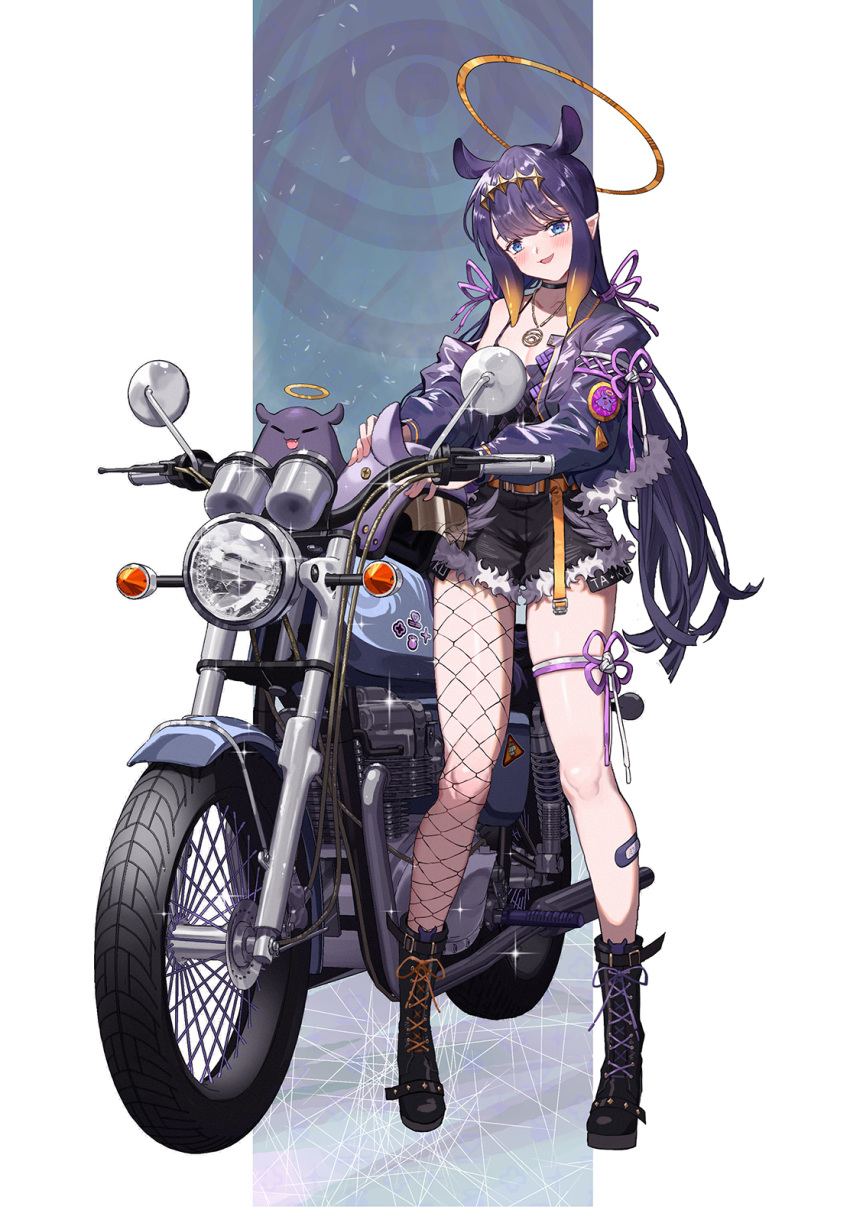 1girl :d alternate_costume asymmetrical_legwear bangs blue_eyes blunt_bangs blush boots capitan_wei cross-laced_footwear english_commentary fang fishnet_legwear fishnets full_body ground_vehicle hair_ribbon halo headwear_removed helmet helmet_removed highres hololive hololive_english jacket jewelry leg_strap long_hair long_sleeves low_twintails motor_vehicle motorcycle necklace ninomae_ina'nis octopus off_shoulder open_mouth purple_hair purple_ribbon ribbon shorts smile standing tako_(ninomae_ina'nis) tentacle_hair twintails virtual_youtuber white_background