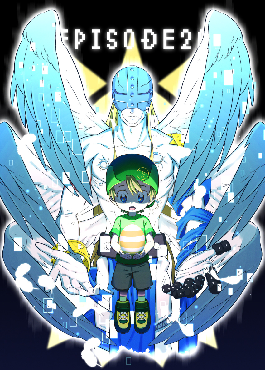 2boys :o absurdres angel angel_wings angemon bbb_(fabio8552) black_background blue_eyes brown_hair closed_mouth collarbone commentary_request cropped_legs digimon digimon_adventure: egg episode_number expressionless feathered_wings green_headwear green_shirt helmet highres jewelry male_focus multiple_boys multiple_wings open_mouth ring shirt shirtless shoes short_hair short_sleeves shorts spoilers takaishi_takeru wings wristband