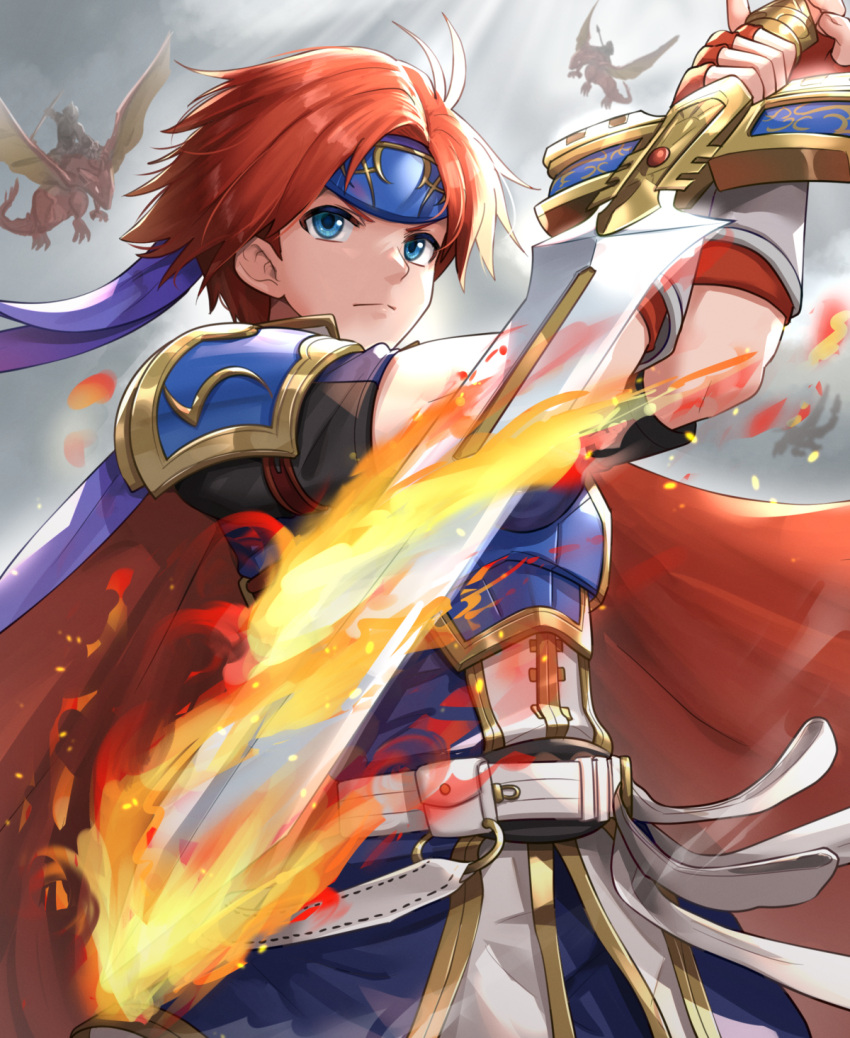 armor belt binding_blade_(weapon) blue_armor blue_eyes cape dragon fingerless_gloves fire_emblem fire_emblem:_the_binding_blade flaming_sword flaming_weapon frown furrowed_eyebrows gloves gonzarez headband highres knight polearm red_cape redhead reverse_grip roy_(fire_emblem) spear weapon wyvern