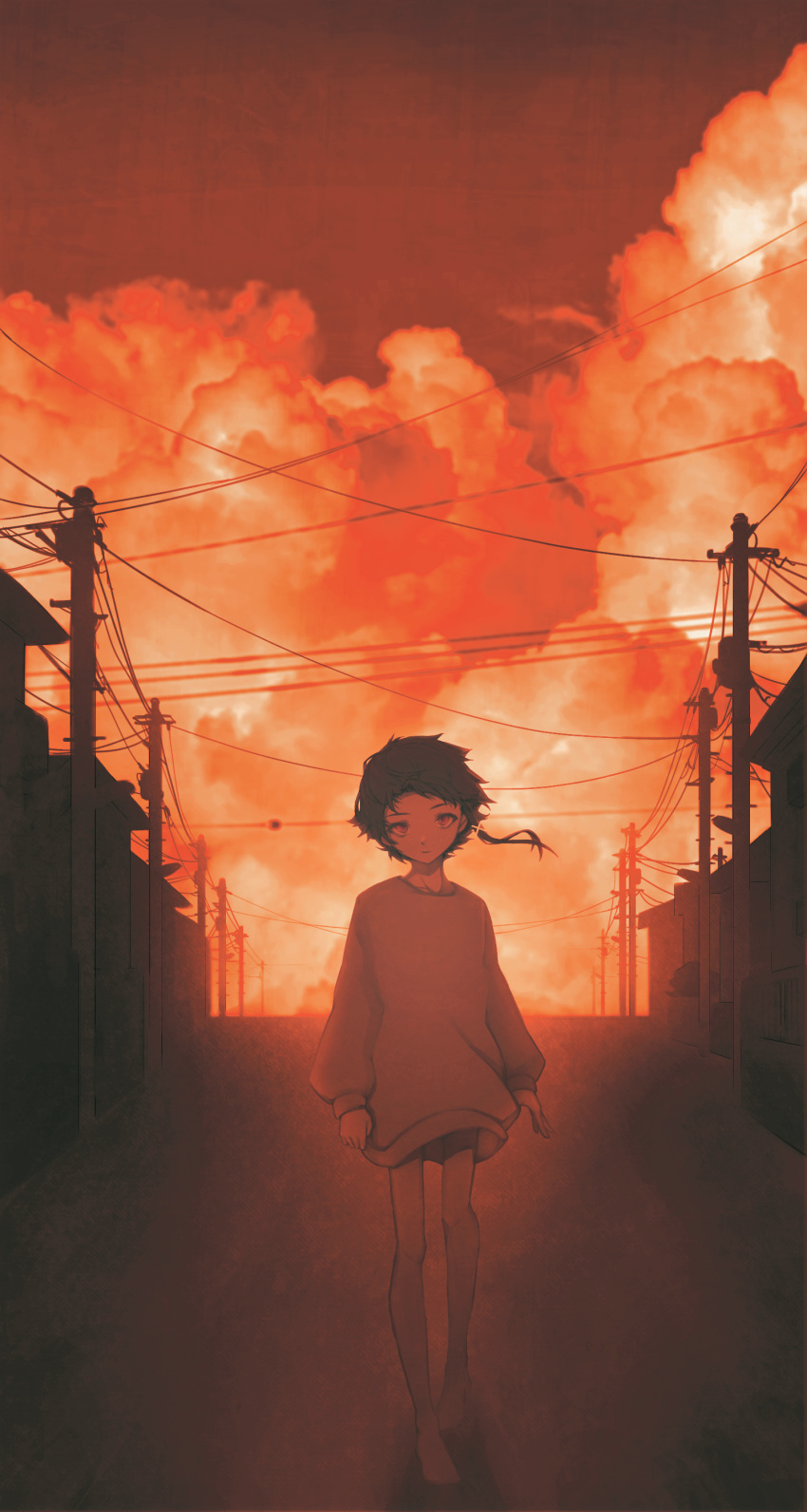 1girl absurdres baggy_clothes barefoot brown_eyes brown_hair closed_mouth clouds cloudy_sky dorothy_xi full_body hair_ornament highres iwakura_lain long_sleeves looking_at_viewer outdoors power_lines red_sky red_theme road serial_experiments_lain short_hair single_sidelock sky solo standing street sunset sweater wind x_hair_ornament