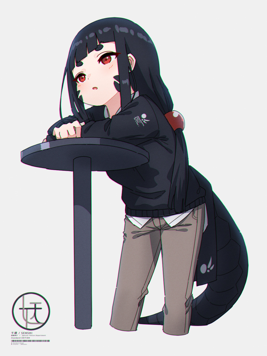 1girl bangs black_hair black_sweater blush brown_pants commentary_request cropped_legs crossed_arms grey_background highres kuro_kosyou long_hair long_sleeves looking_away low-tied_long_hair original pants parted_lips red_eyes scales shirt short_eyebrows simple_background snake_tail solo sweater table tail thick_eyebrows very_long_hair white_shirt