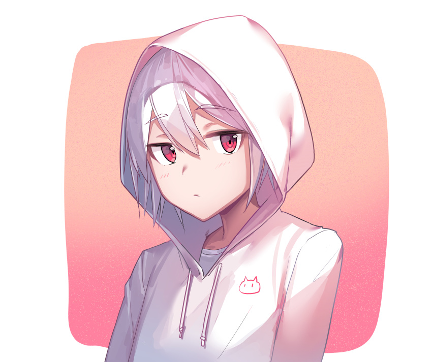 1girl absurdres bangs blush closed_mouth copyright_request drawstring eyebrows_visible_through_hair hair_between_eyes highres hood hood_up hoodie looking_at_viewer newey red_eyes shirt silver_hair solo upper_body white_hoodie white_shirt