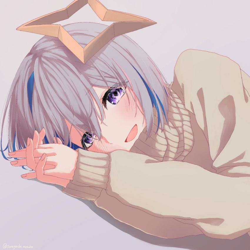 1girl :d alternate_costume amane_kanata blue_hair casual eyebrows_visible_through_hair halo highres hololive interlocked_fingers looking_at_viewer lying multicolored_hair on_side open_mouth short_hair silver_hair simple_background smile solo soregashi_nosuke streaked_hair sweater upper_body violet_eyes virtual_youtuber