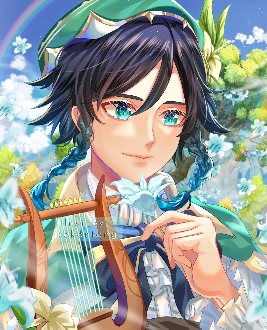 1boy absurdres androgynous bangs beret black_hair blue_flower blue_hair bow braid cape closed_mouth clouds cloudy_sky collared_cape collared_shirt day flower frilled_sleeves frills genshin_impact gradient_hair green_eyes green_flower green_headwear hair_flower hair_ornament hat highres holding holding_flower instrument kekentang leaf long_sleeves lyre male_focus multicolored_hair outdoors rainbow shirt short_hair_with_long_locks sky smile solo tree twin_braids venti_(genshin_impact) white_flower white_shirt