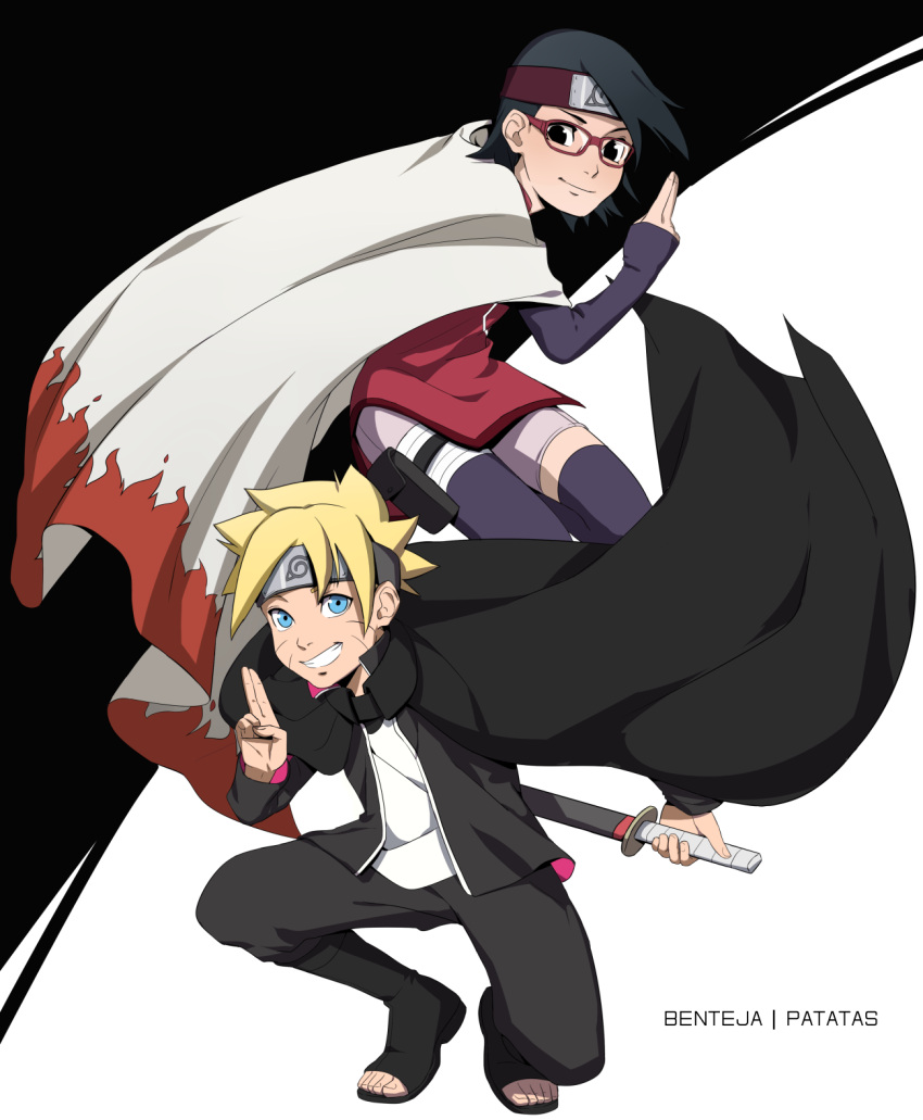 benteja black_eyes black_hair blonde_hair blue_eyes blue_hair boruto:_naruto_next_generations glasses highres naruto naruto_(series) uchiha_sarada uzumaki_boruto whisker_markings whiskers