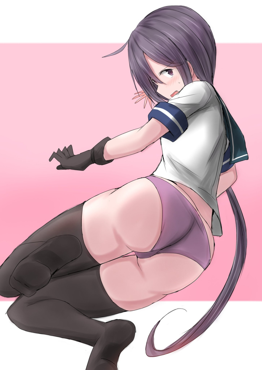 1girl akebono_(kancolle) ass bell black_gloves black_legwear blue_sailor_collar commentary_request flower from_behind gloves hair_bell hair_flower hair_ornament highres jingle_bell kamaboko_senshi kantai_collection long_hair looking_at_viewer looking_back no_pants panties pink_background purple_panties remodel_(kantai_collection) sailor_collar school_uniform serafuku short_sleeves side_ponytail solo thigh-highs two-tone_background underwear very_long_hair