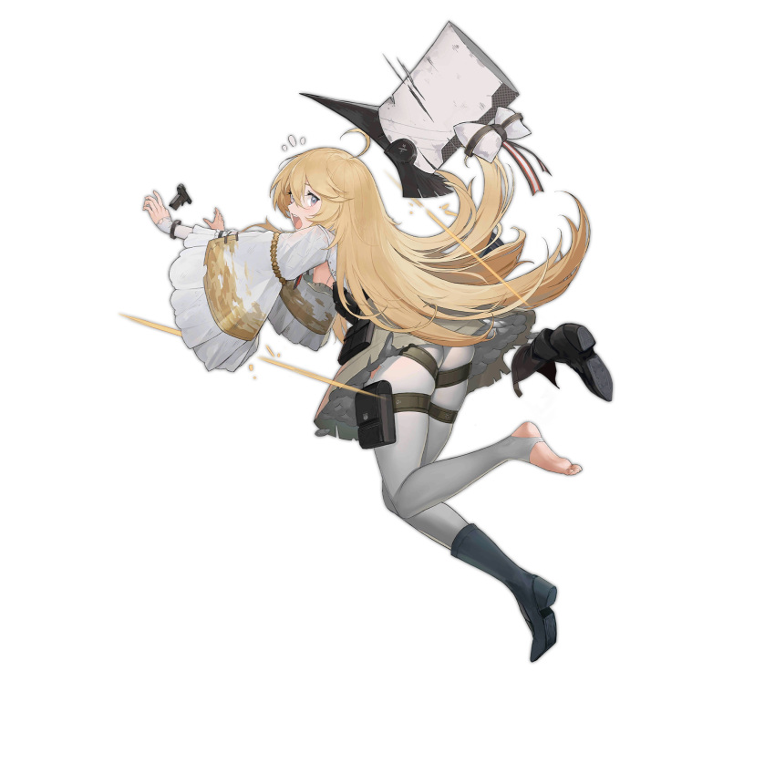 1girl alternate_costume ass back bag black_footwear blonde_hair blue_footwear blush boots boots_removed eyebrows_visible_through_hair floor girls_frontline grey_eyes gun hat hat_removed headwear_removed highres kolibri kolibri_(girls_frontline) leggings long_hair looking_to_the_side official_art open_mouth pandea_work pants running shoes single_shoe soles solo standing standing_on_one_leg stirrup_legwear thighs toeless_legwear transparent_background weapon white_headwear white_legwear white_pants
