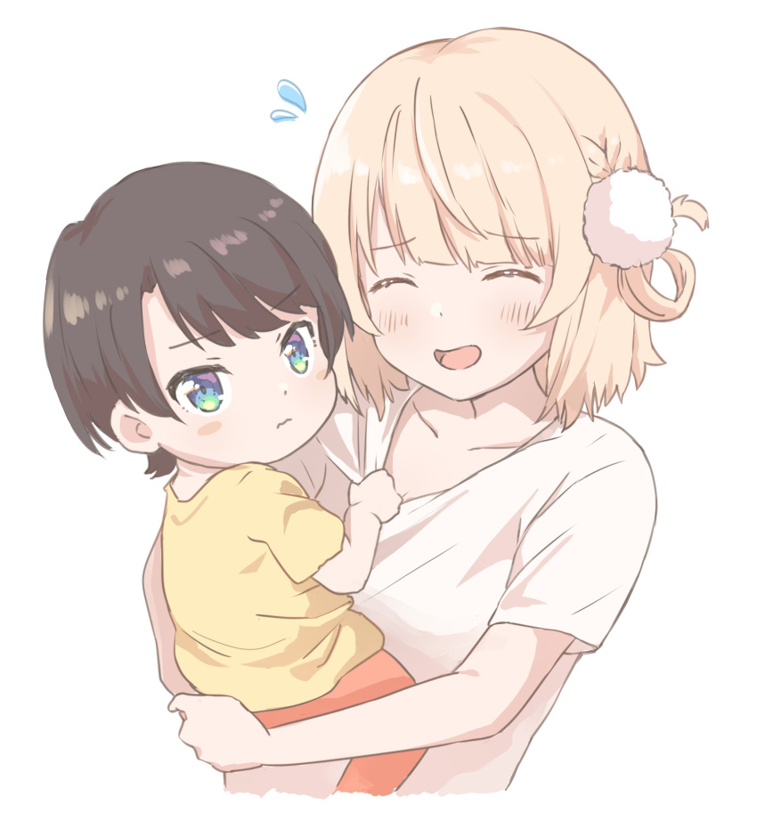 2girls absurdres black_hair blue_eyes blush brown_hair carrying child closed_eyes dress family hair_pom_pom highres hololive indie_virtual_youtuber looking_at_viewer mother_and_daughter multiple_girls oozora_subaru open_mouth shigure_ui_(vtuber) shirt short_hair smile virtual_youtuber yanoynk younger