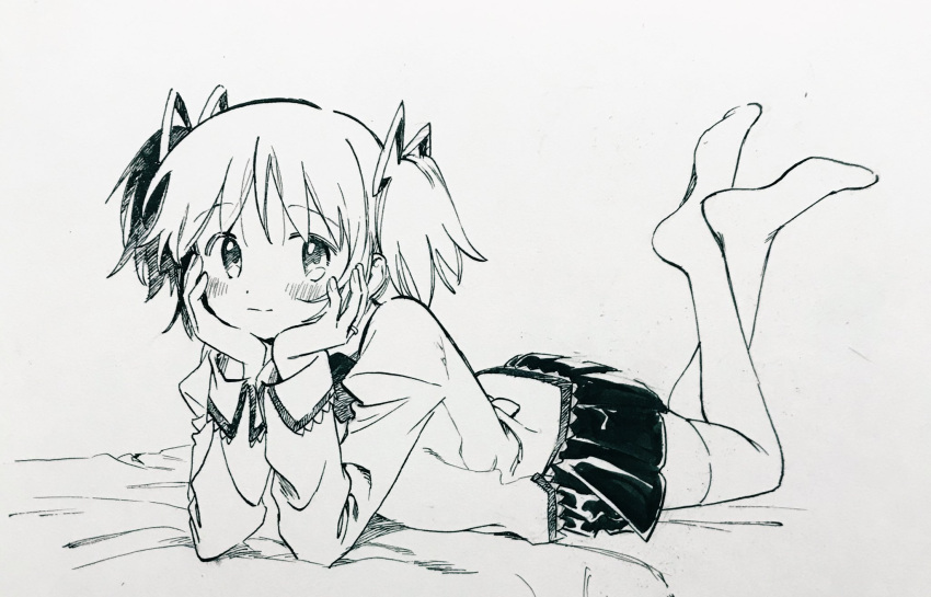 1girl arm_support bed bed_sheet black_skirt blush closed_mouth dot_nose eyebrows_visible_through_hair facing_viewer feet_up fingernails full_body grey_background greyscale hair_ribbon happy head_rest highres jewelry juliet_sleeves kaname_madoka light_smile long_sleeves looking_afar looking_to_the_side lying mahou_shoujo_madoka_magica mitakihara_school_uniform monochrome no+bi= no_shoes on_bed on_stomach pleated_skirt puffy_sleeves ribbon ring school_uniform simple_background skirt solo tareme thigh-highs twintails uniform zettai_ryouiki